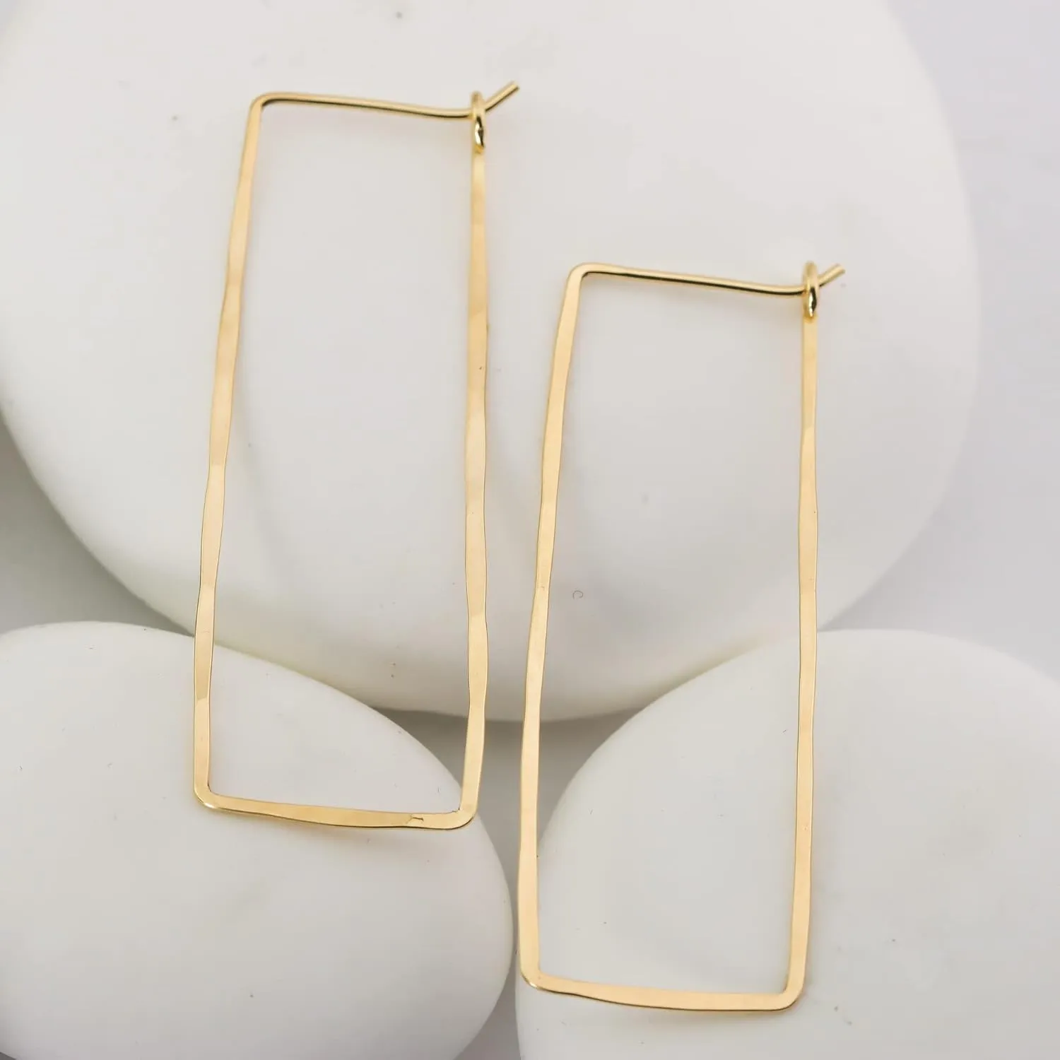 Thin Hammered Hoop Earrings, Elegant Geometric Solid Sterling Silver, Gold Filled, and Rose Gold Filled; for Women by Lotus Stone Jewelry (Gold, Large Rectangle)