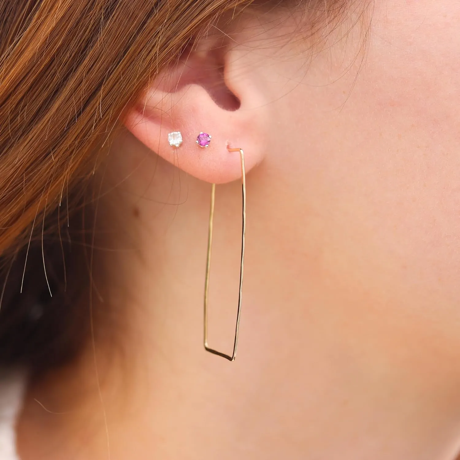 Thin Hammered Hoop Earrings, Elegant Geometric Solid Sterling Silver, Gold Filled, and Rose Gold Filled; for Women by Lotus Stone Jewelry (Gold, Large Rectangle)
