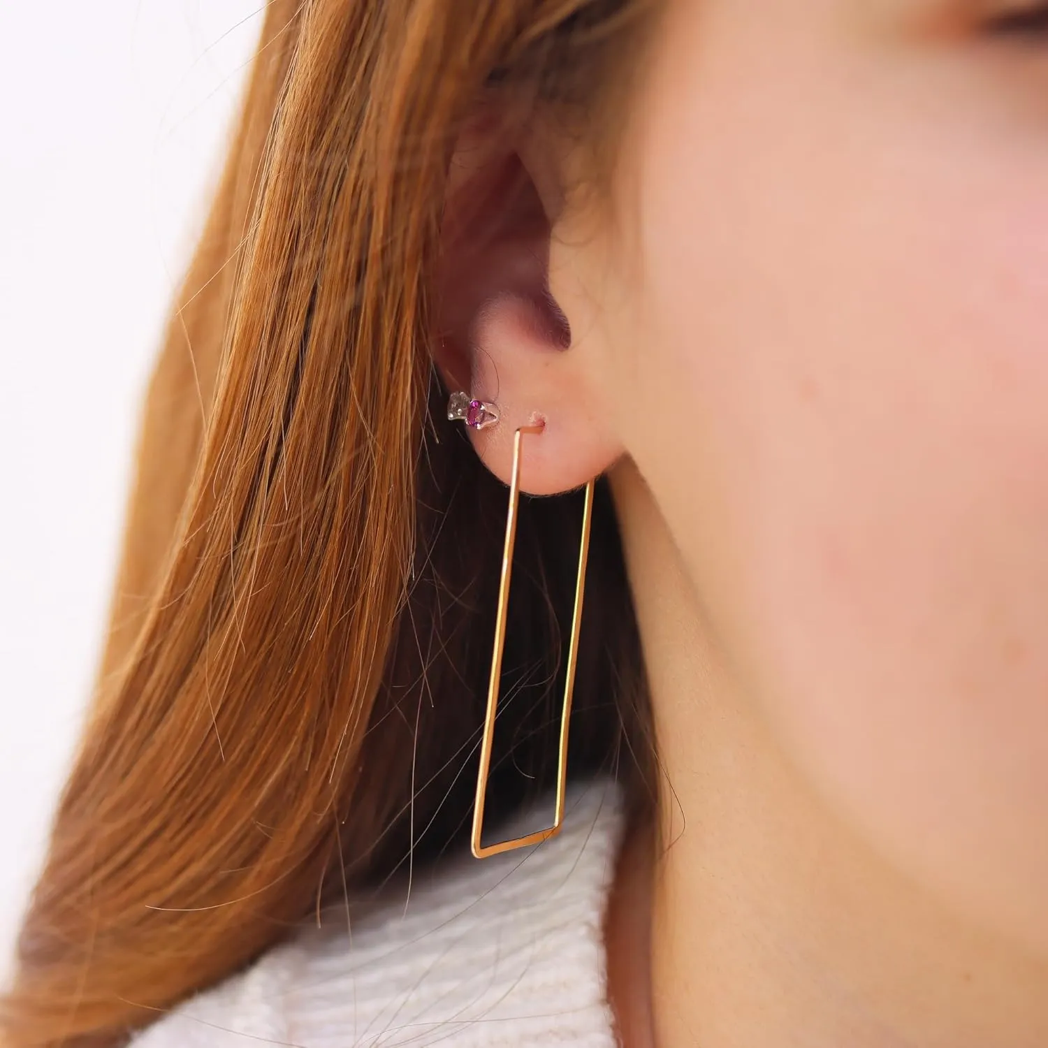 Thin Hammered Hoop Earrings, Elegant Geometric Solid Sterling Silver, Gold Filled, and Rose Gold Filled; for Women by Lotus Stone Jewelry (Gold, Large Rectangle)