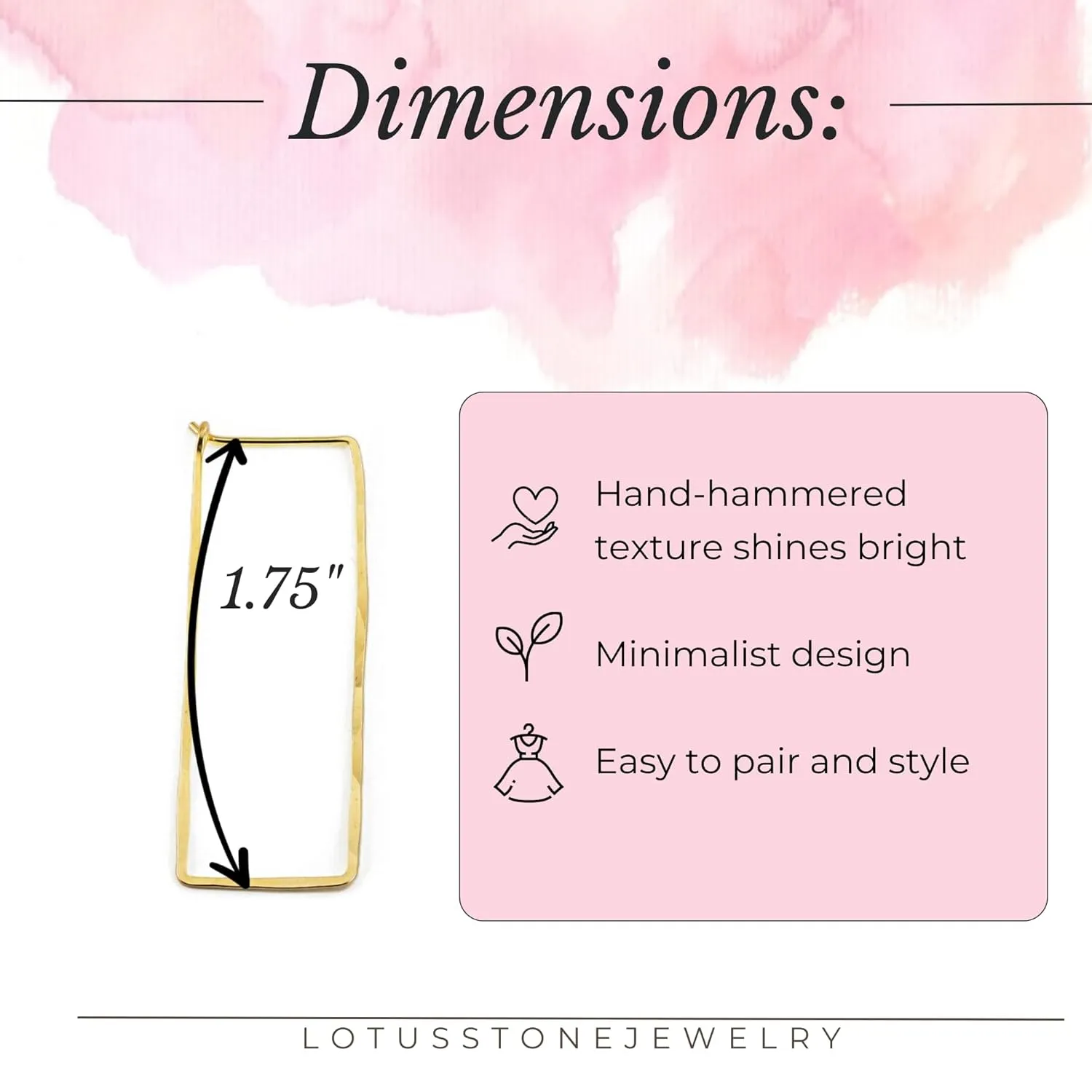 Thin Hammered Hoop Earrings, Elegant Geometric Solid Sterling Silver, Gold Filled, and Rose Gold Filled; for Women by Lotus Stone Jewelry (Gold, Large Rectangle)