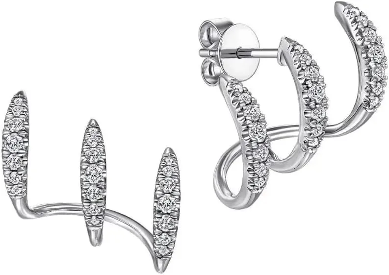 Three-Layer Curved Earrings Women Stud Fashion Jewelry Minimalist Dainty Wrap Cuff Piercing Peacock Tail Shiny Crystal Silver Color Plated Needle Hoop