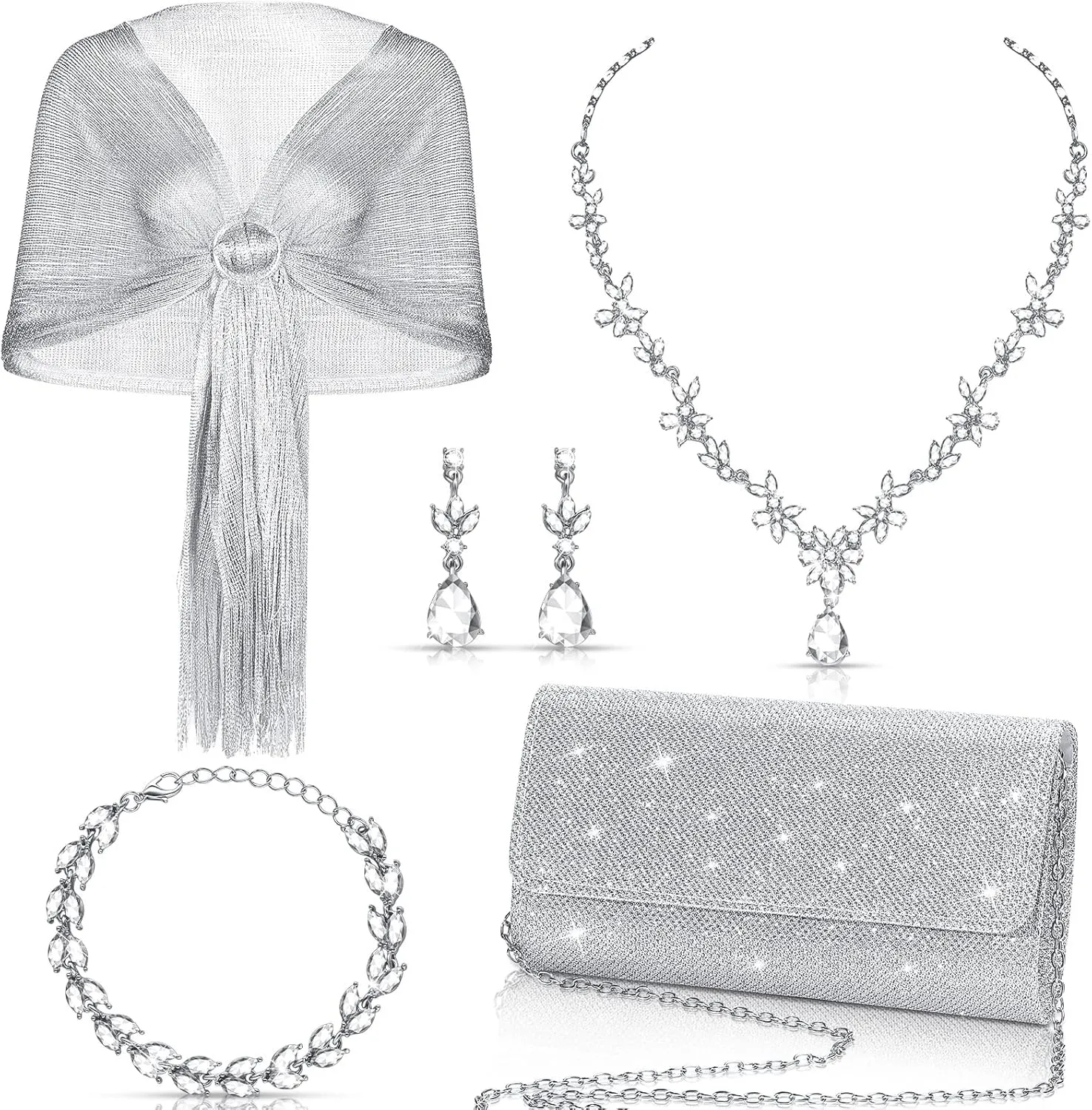 Tiamon 5 Pcs Rhinestone Jewelry Sets Shawls and Wraps Formal Clutch Purses for Women Evening Dresses Bridal Weddings