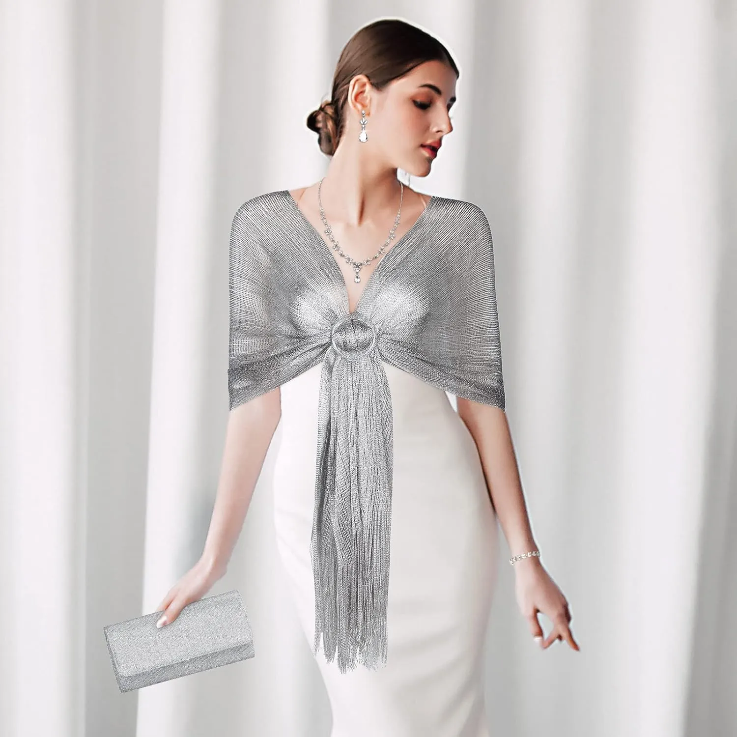 Tiamon 5 Pcs Rhinestone Jewelry Sets Shawls and Wraps Formal Clutch Purses for Women Evening Dresses Bridal Weddings