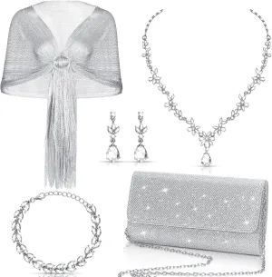 Tiamon 5 Pcs Rhinestone Jewelry Sets Shawls and Wraps Formal Clutch Purses for Women Evening Dresses Bridal Weddings