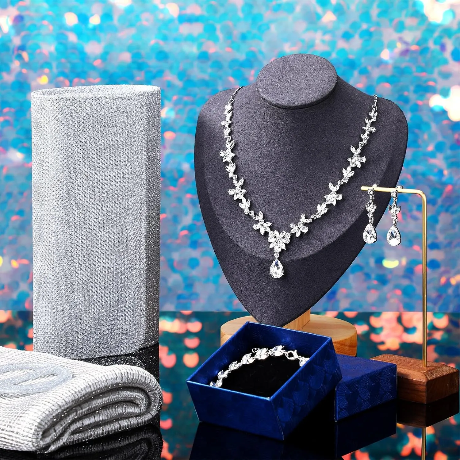 Tiamon 5 Pcs Rhinestone Jewelry Sets Shawls and Wraps Formal Clutch Purses for Women Evening Dresses Bridal Weddings