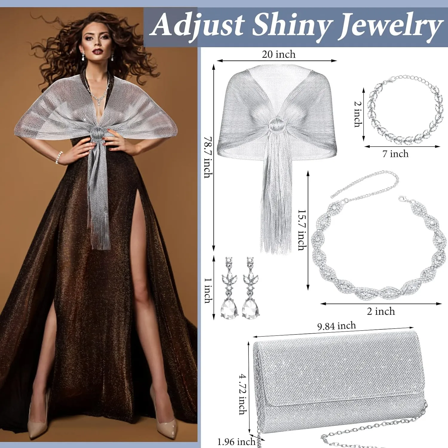 Tiamon 5 Pcs Rhinestone Jewelry Sets Shawls and Wraps Formal Clutch Purses for Women Evening Dresses Bridal Weddings