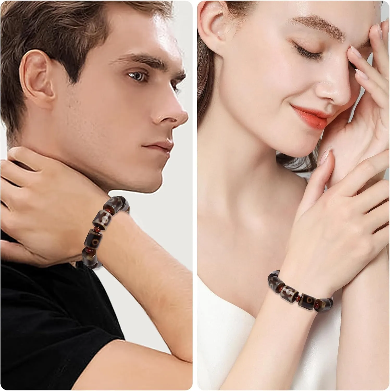 Tibetan Dzi Beads Bracelet Mala Beads Luxury Jewelry Agate Elastic Bracelet Amulet Bangle Attract Good Luck for Women and Men Friend Mother's Day Valentine's Day Christmas Birthdays Gift