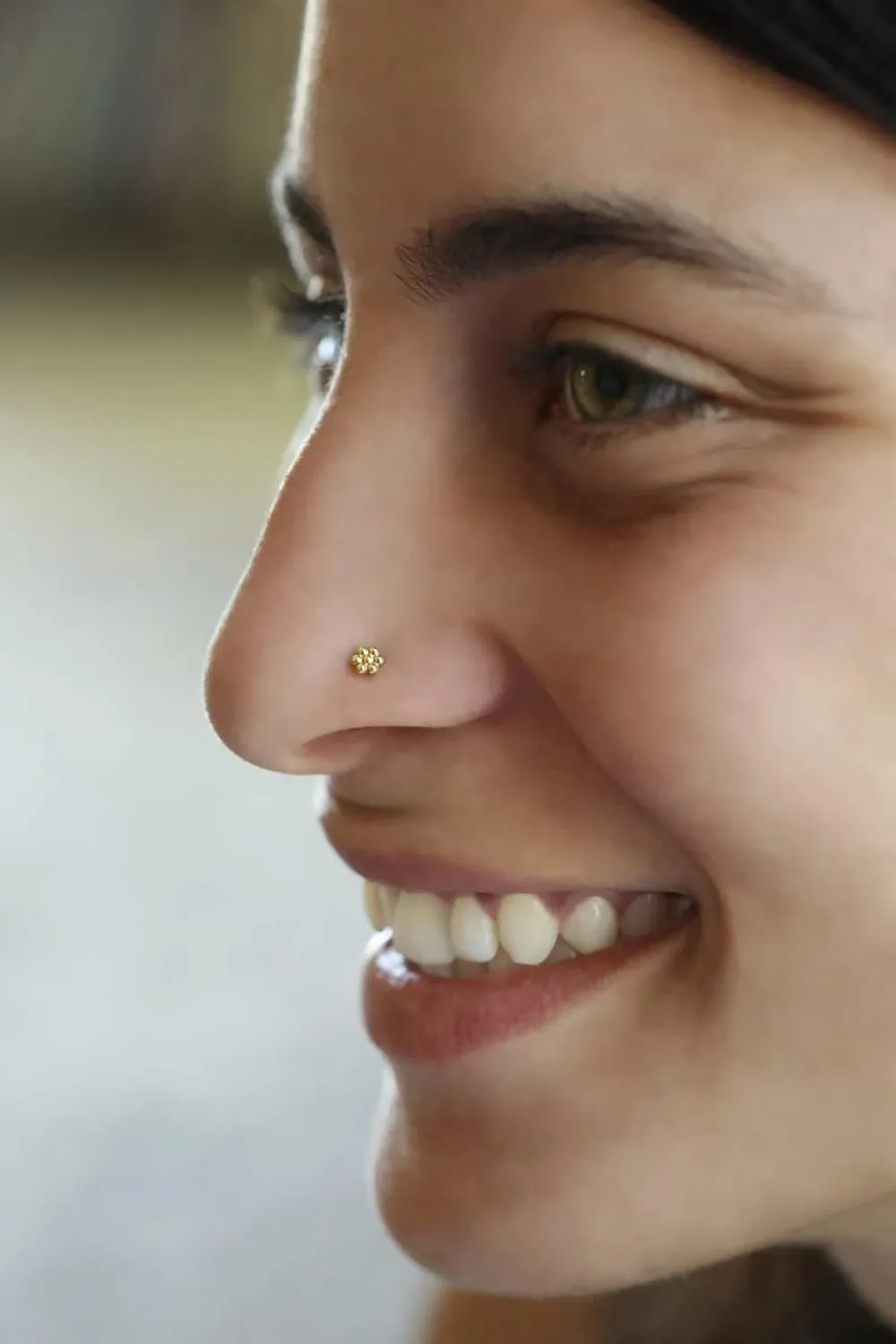 Tiny Gold Nose Stud, Real 14k Yellow Solid Gold Dainty Flower Piercing L Bend Nose Stud, Tribal Boho Cute Nose Piercing Jewelry, Minimalist Delicate Small Artisan Handmade Boho Jewelry, 20g