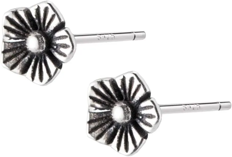 Tiny Vintage Flower Earrings for Women 925 Sterling Silver Oxidized Mini Small Plum Blossom Flowers Stud Cartilage Tragus Hypoallergenic Post Pin for Piercing Ear Elegant Jewelry 