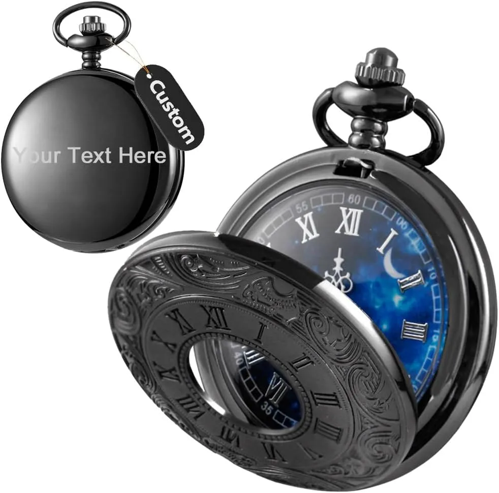 Tiong Personalization Men's Pocket Watch, Roman Scale Customized Quartz Pocket Watch With Chain - Gift for Father, Women, Men