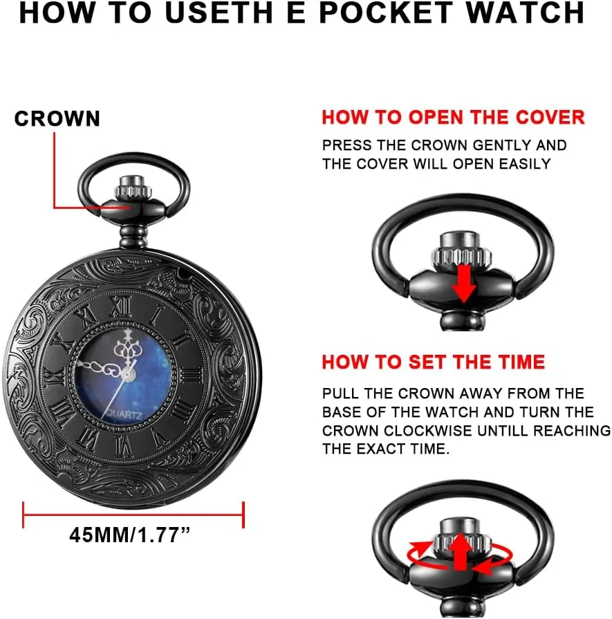 Tiong Personalization Men's Pocket Watch, Roman Scale Customized Quartz Pocket Watch With Chain - Gift for Father, Women, Men