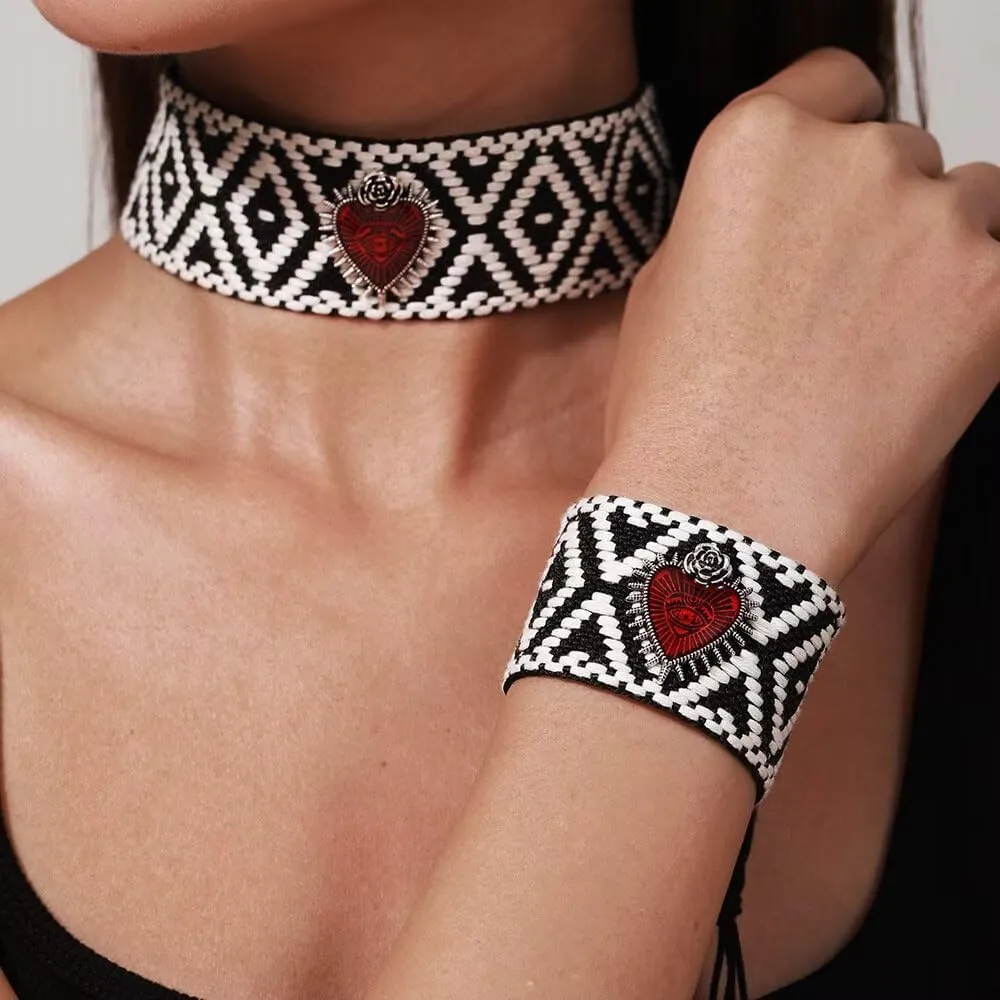 Todu Boho Jewelry Sets for Women Vintage Goth Dark Rose Heart Bohemian Necklace Weaving Bracelet Ethnic Summer Holiday Jewelry