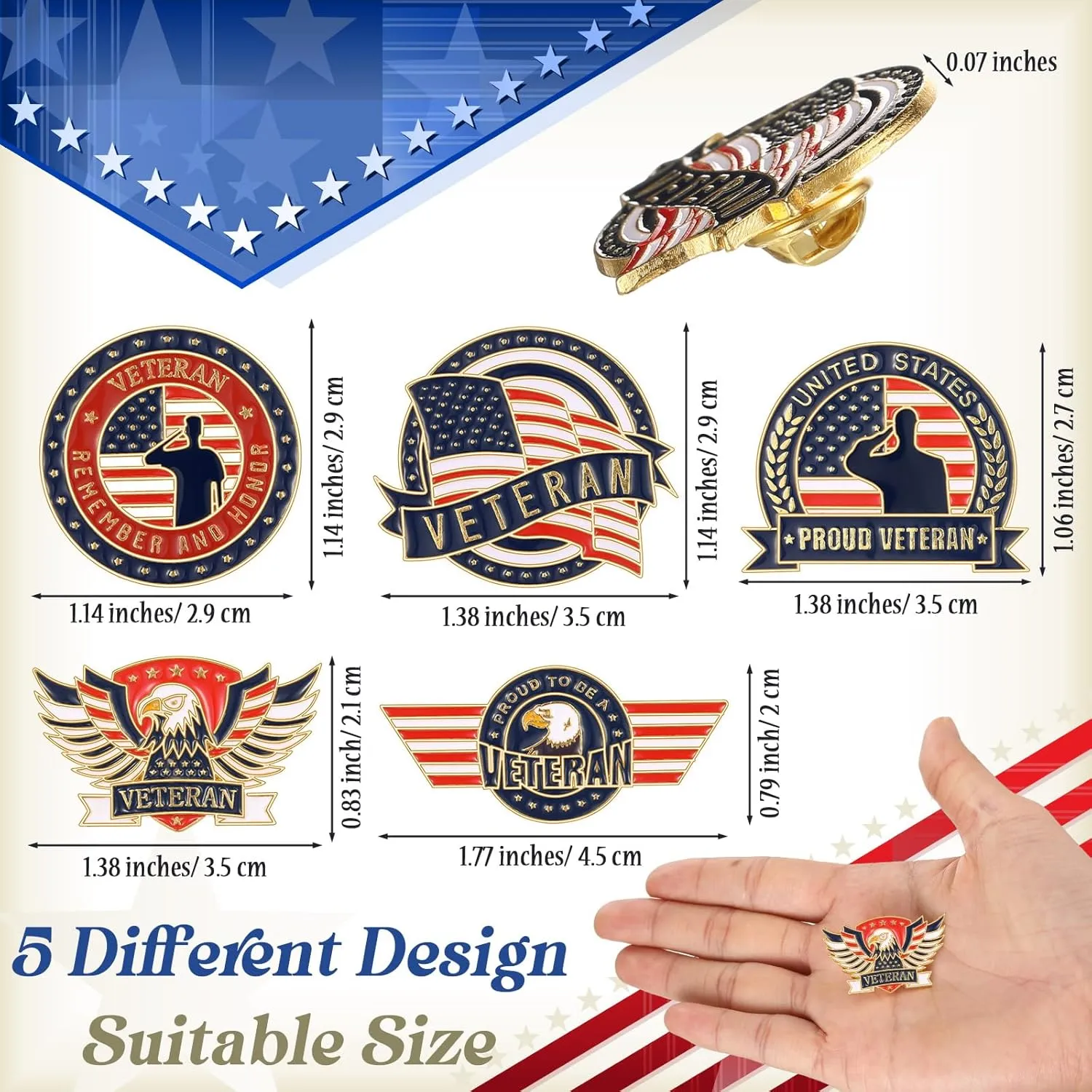 Tondiamo Veteran Pins Bulk US Patriotic Military Lapel Pin 5 Style Army Veteran Badge for Military Gift Favor