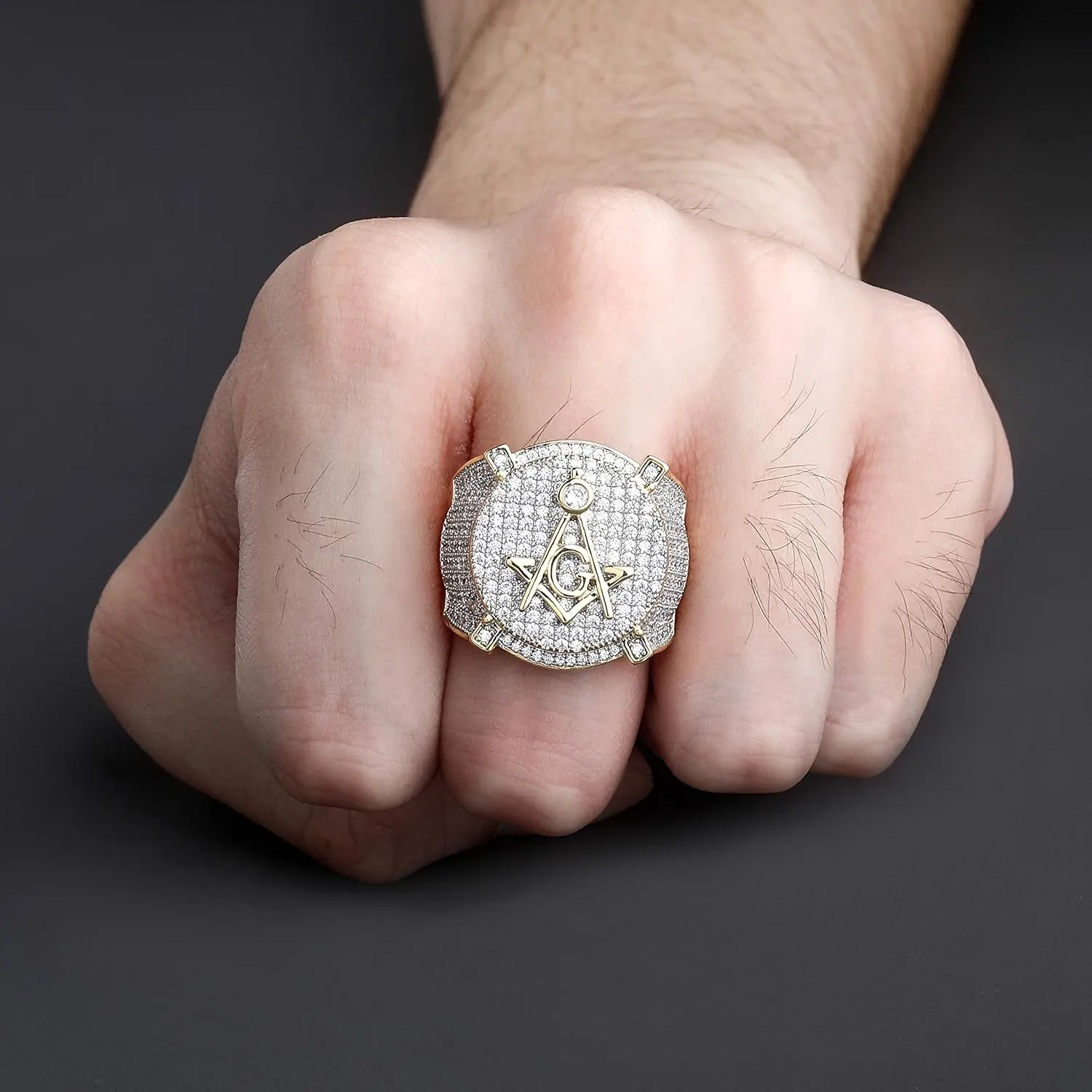 TOPGRILLZ Freemason Rings for Men Gold Masonic Ring Iced out Hip Hop 14K Gold Plated Punk Diamond Ring Rapper Costume