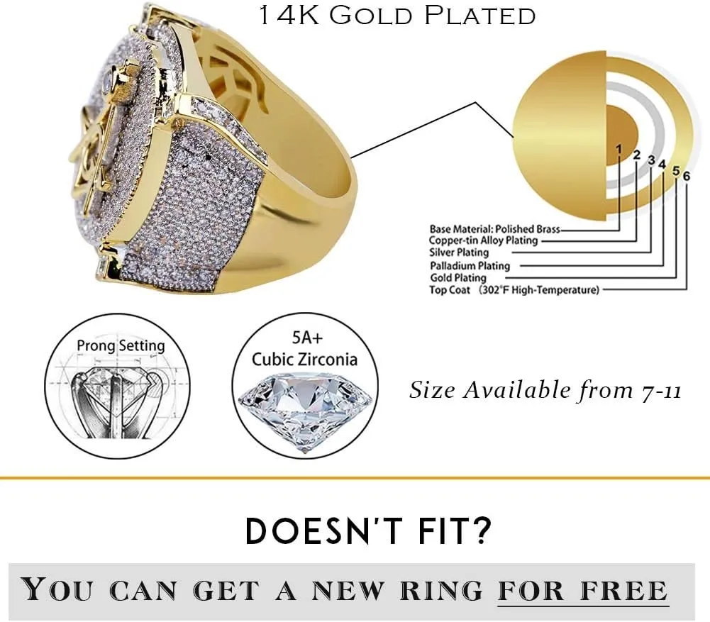 TOPGRILLZ Freemason Rings for Men Gold Masonic Ring Iced out Hip Hop 14K Gold Plated Punk Diamond Ring Rapper Costume