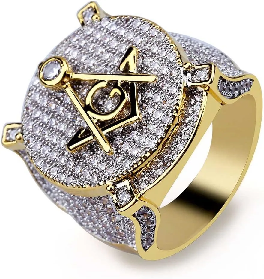 TOPGRILLZ Freemason Rings for Men Gold Masonic Ring Iced out Hip Hop 14K Gold Plated Punk Diamond Ring Rapper Costume