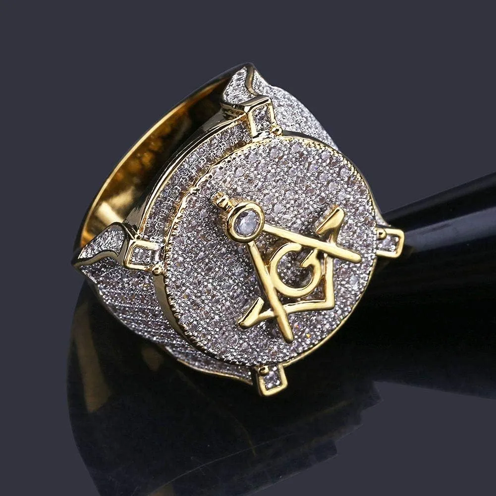 TOPGRILLZ Freemason Rings for Men Gold Masonic Ring Iced out Hip Hop 14K Gold Plated Punk Diamond Ring Rapper Costume