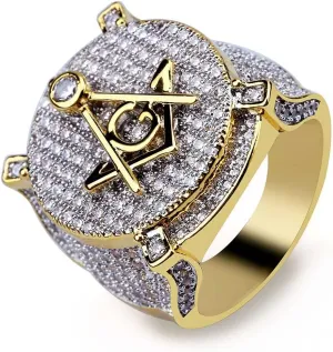 TOPGRILLZ Freemason Rings for Men Gold Masonic Ring Iced out Hip Hop 14K Gold Plated Punk Diamond Ring Rapper Costume