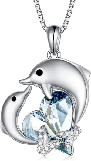 TOUPOP Dolphin Gifts for Women s925 Sterling Silver Dolphin Necklace with Blue Heart Crystal Ocean Cute Animals Pendant Jewelry Gifts for Women Daughter Birthday