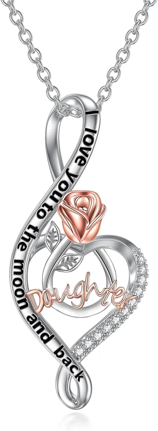 TOUPOP Gifts for Mom Grandma Nana Wife Daughter 925 Sterling Silver Rose Flower Love Heart Necklaces I Love You to The Moon and Back Gifts for Women
