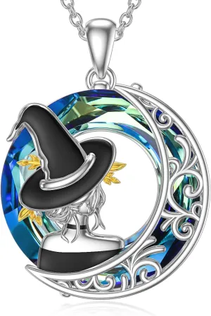 TOUPOP Witch Necklace 925 Sterling Silver Flying Witch on Broom Bat Black Cat and Moon Pendant Necklace with Crystal Halloween Jewelry Gifts for Women Mom Wife Girlfriend Sister