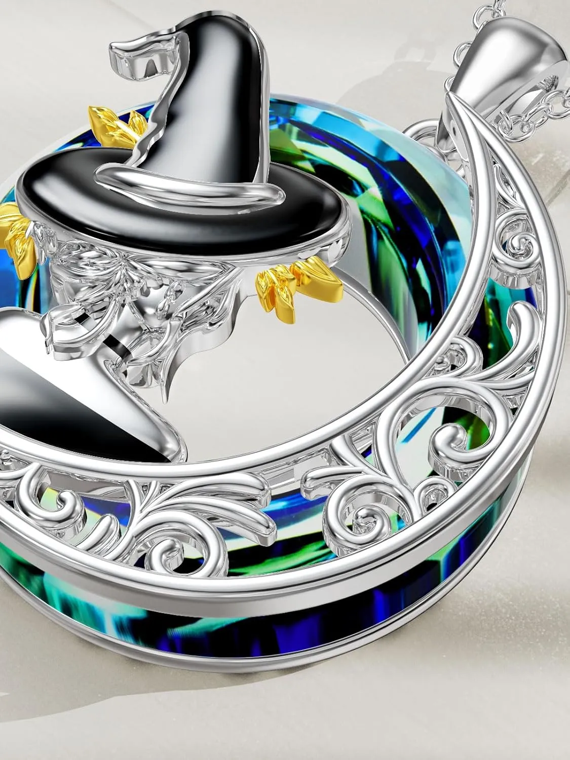 TOUPOP Witch Necklace 925 Sterling Silver Flying Witch on Broom Bat Black Cat and Moon Pendant Necklace with Crystal Halloween Jewelry Gifts for Women Mom Wife Girlfriend Sister