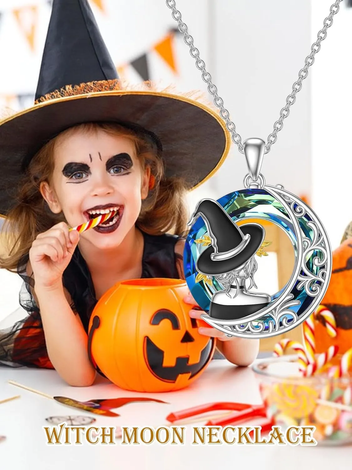 TOUPOP Witch Necklace 925 Sterling Silver Flying Witch on Broom Bat Black Cat and Moon Pendant Necklace with Crystal Halloween Jewelry Gifts for Women Mom Wife Girlfriend Sister