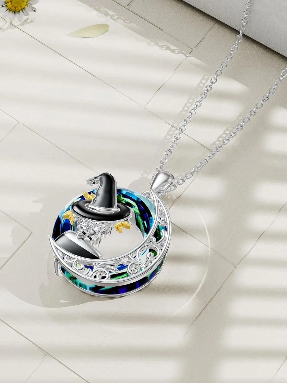 TOUPOP Witch Necklace 925 Sterling Silver Flying Witch on Broom Bat Black Cat and Moon Pendant Necklace with Crystal Halloween Jewelry Gifts for Women Mom Wife Girlfriend Sister