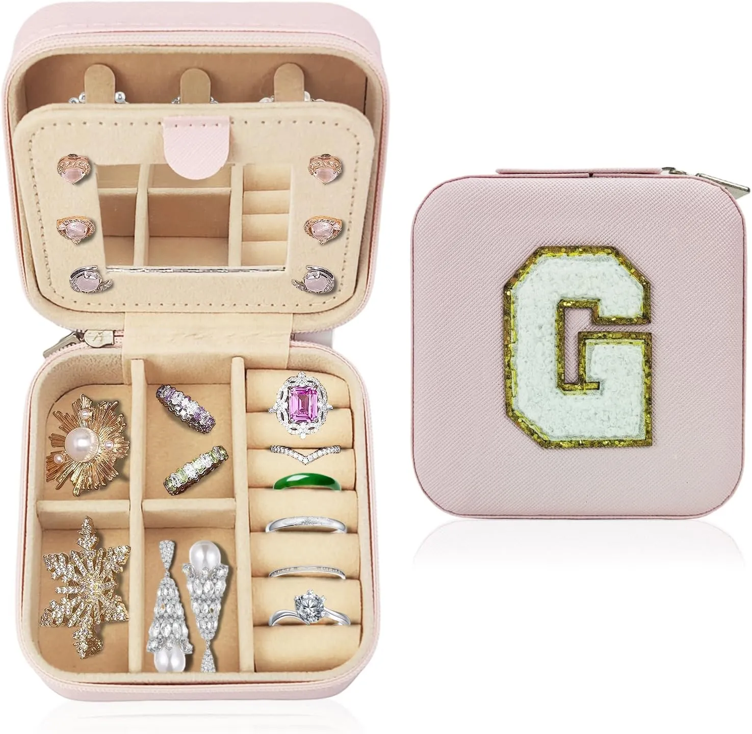 Travel Jewelry Case Organizer, Gifts for Women Teen Girls Initial Jewelry box with Mirror Vacation Beach Essentials Ring Necklace Earring Organizer Box (G)