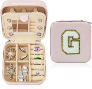 Travel Jewelry Case Organizer, Gifts for Women Teen Girls Initial Jewelry box with Mirror Vacation Beach Essentials Ring Necklace Earring Organizer Box (G)