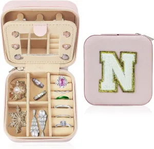 Travel Jewelry Case Organizer, Gifts for Women Teen Girls Initial Jewelry box with Mirror Vacation Beach Essentials Ring Necklace Earring Organizer Box (N)