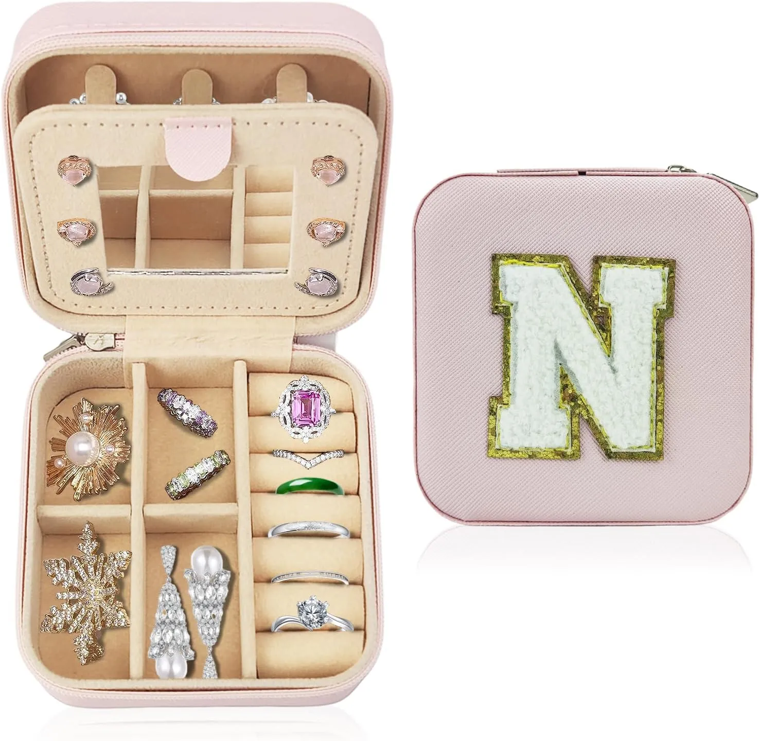 Travel Jewelry Case Organizer, Gifts for Women Teen Girls Initial Jewelry box with Mirror Vacation Beach Essentials Ring Necklace Earring Organizer Box (N)