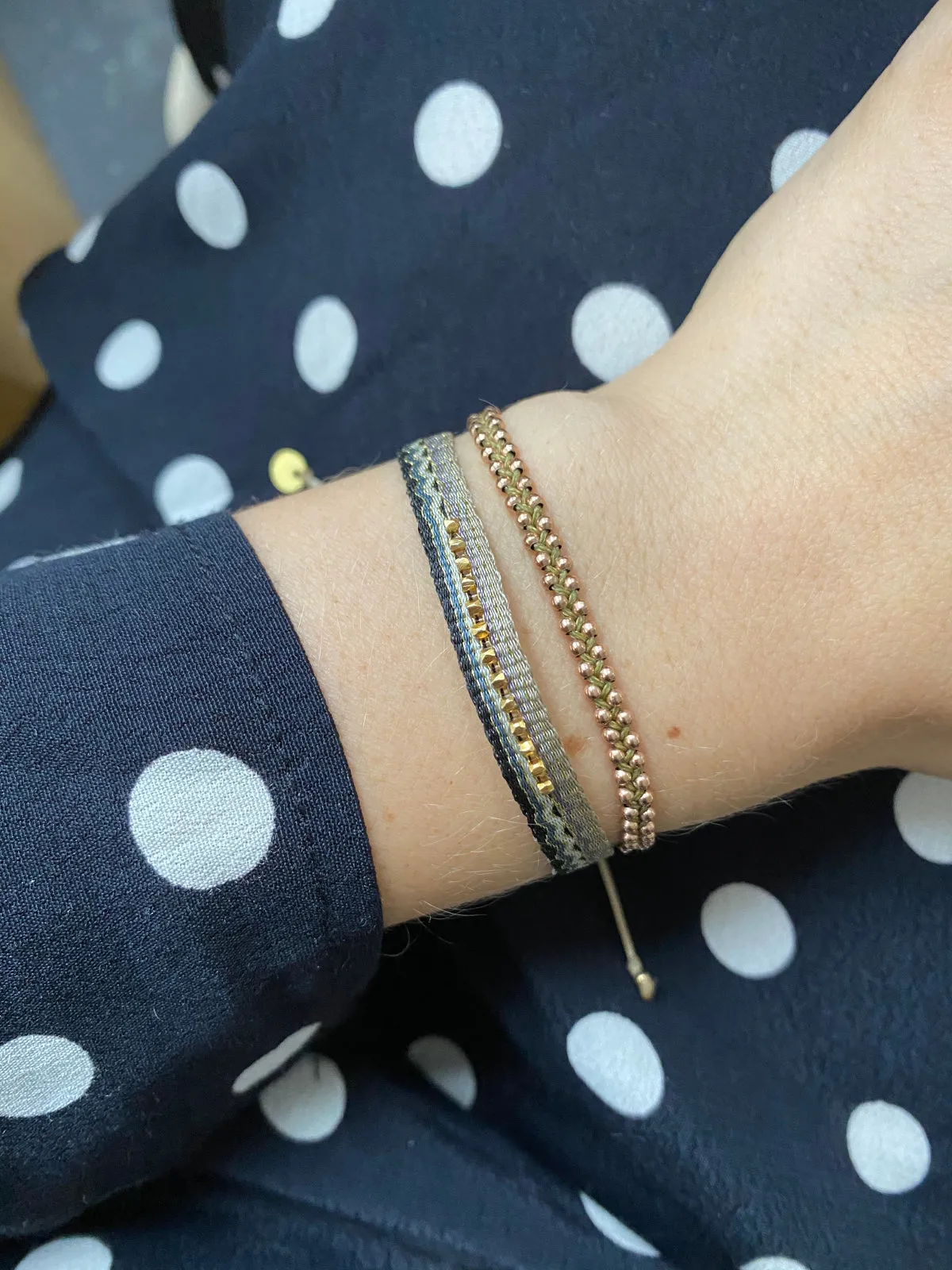 TRENZA HANDWOVEN BRACELET IN KHAKI GREEN & ROSE GOLD