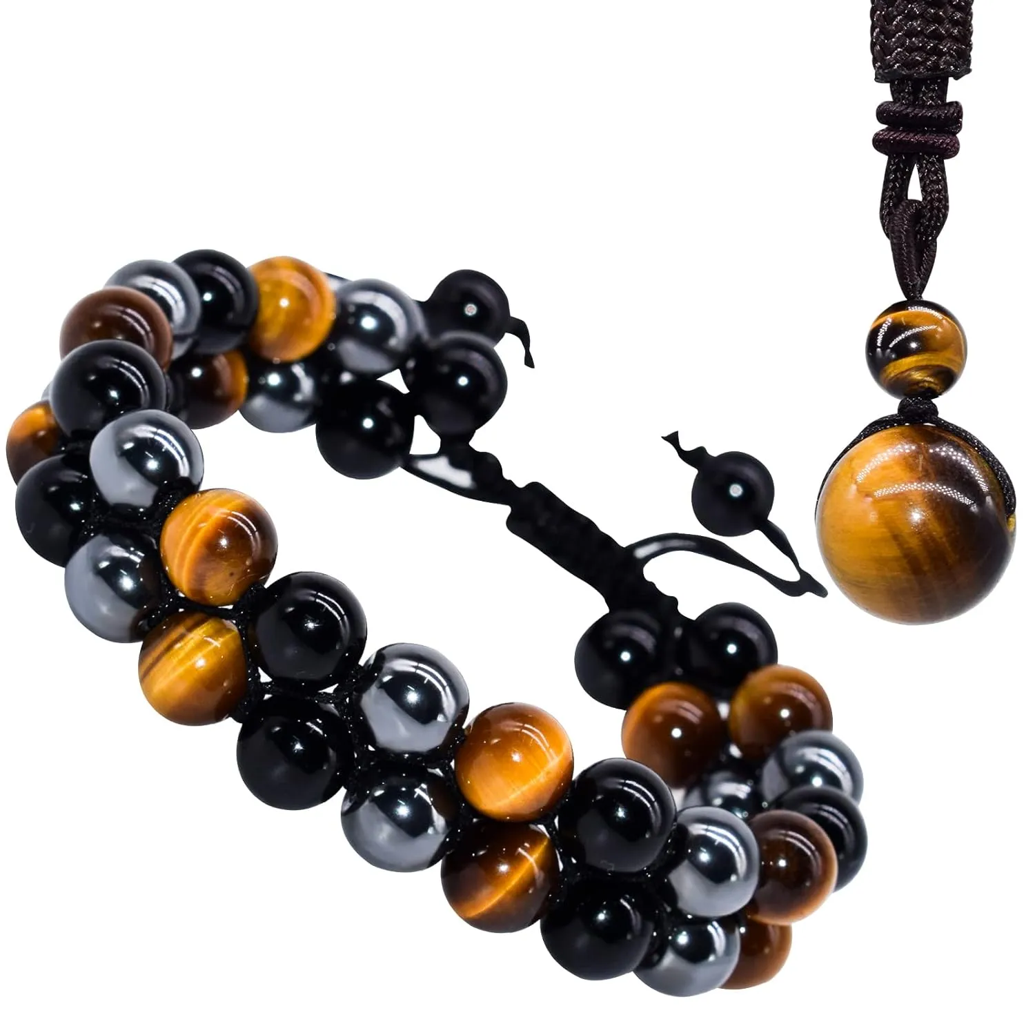 Triple Protection Bracelet,Made by hand Crystal Bracelet for Men Women Tiger Eye Beads Hematite and Black Obsidian Natural Stone 8mm Healing Bracelets Good Luck Prosperity Happiness