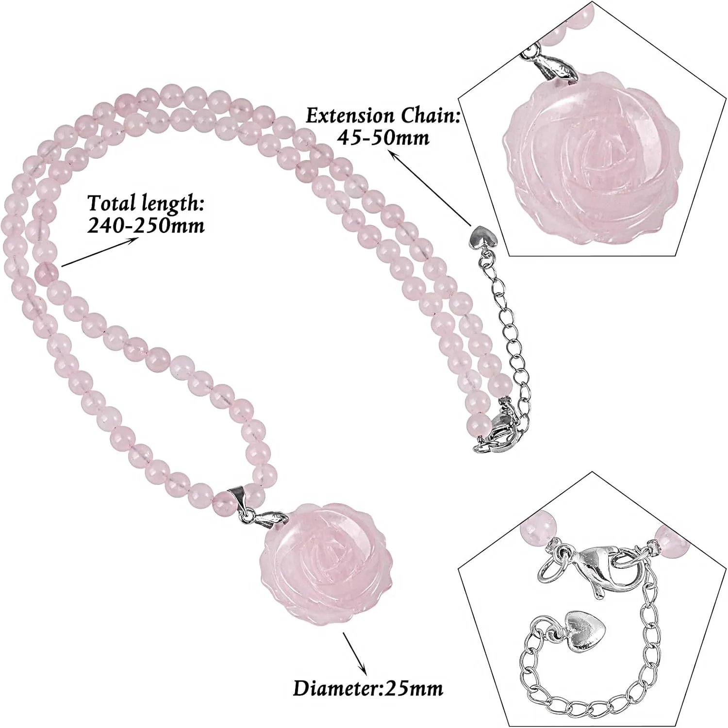 TUMBEELLUWA Carved Rose Flower Pendant Beaded Necklace, Healing Crystal 4mm Beads Stackable Layered Bracelet Jewelry Gifts for Women