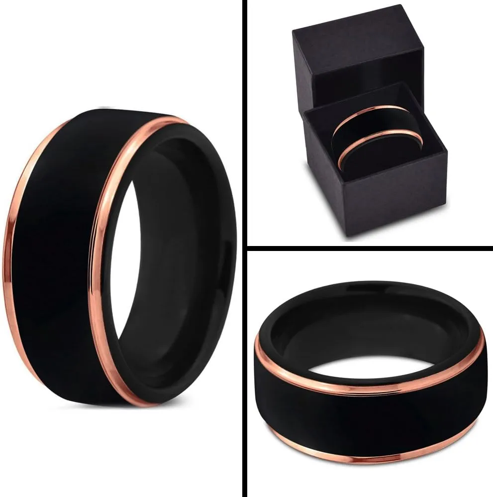 Tungsten Wedding Band Ring 10mm for Men Women Black Rose Yellow Gold Plated Step Edge Brushed Polished