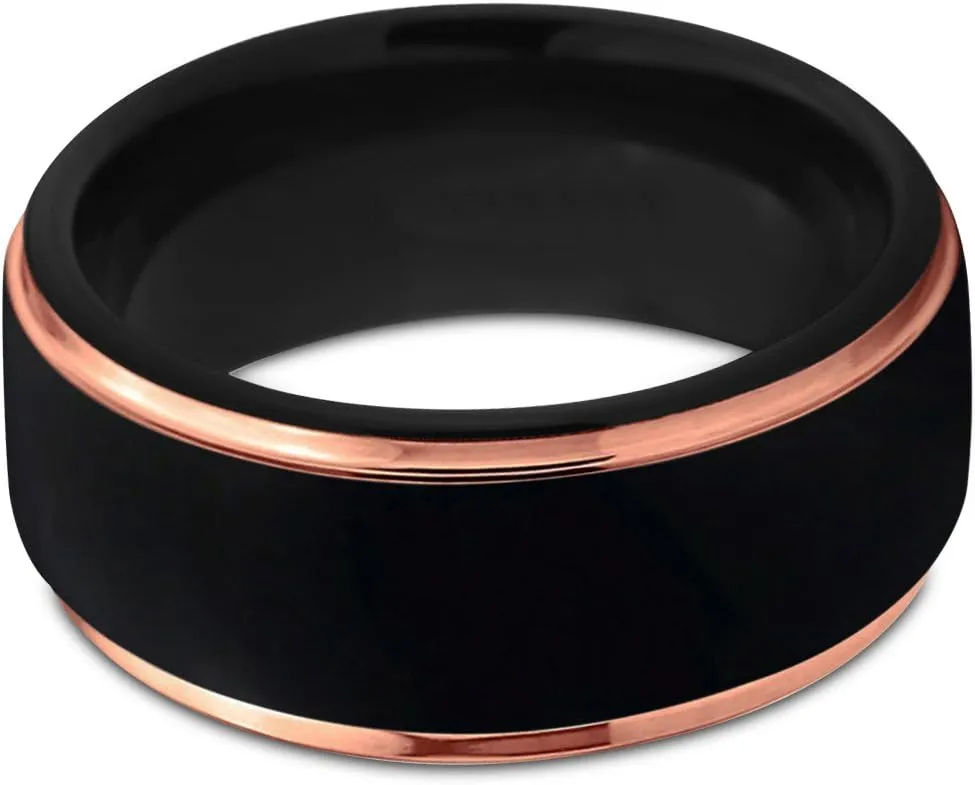 Tungsten Wedding Band Ring 10mm for Men Women Black Rose Yellow Gold Plated Step Edge Brushed Polished