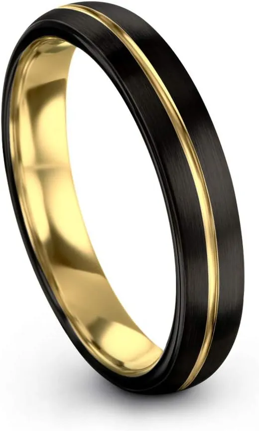 Tungsten Wedding Band Ring 4mm for Men Women 18k Rose Yellow Gold Plated Dome Center Line Black Brushed Polished