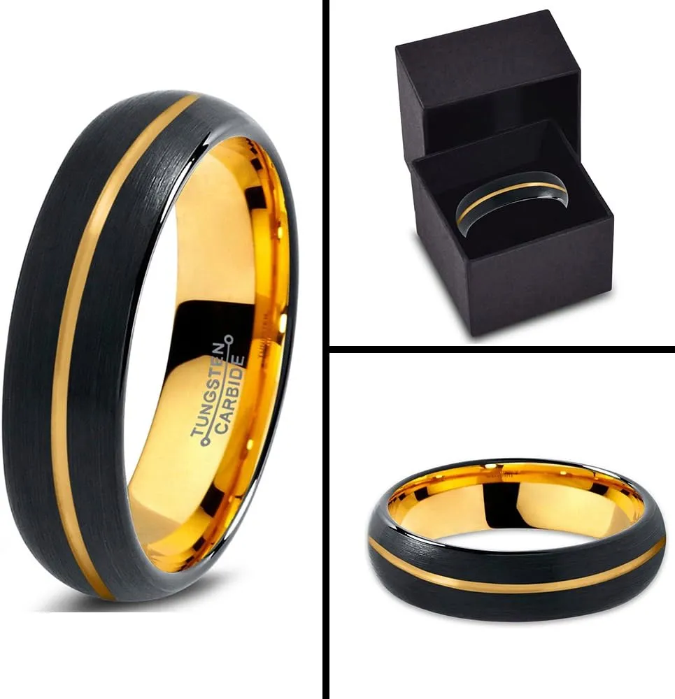 Tungsten Wedding Band Ring 4mm for Men Women 18k Rose Yellow Gold Plated Dome Center Line Black Brushed Polished