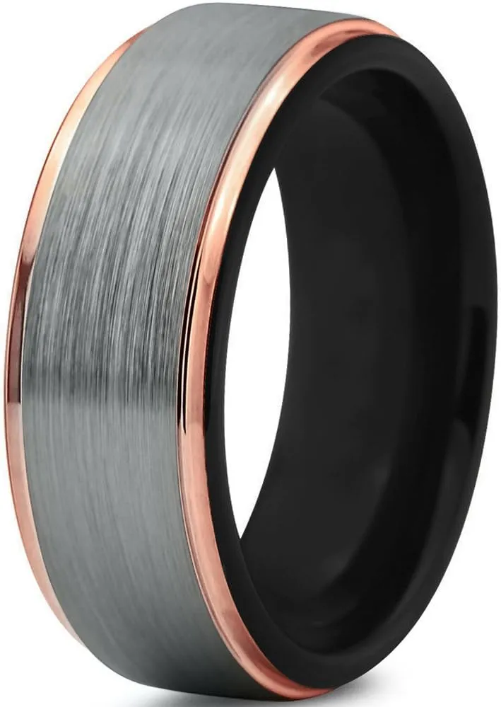 Tungsten Wedding Band Ring 6mm for Men Women Black Rose Yellow Gold Plated Step Edge Brushed Polished