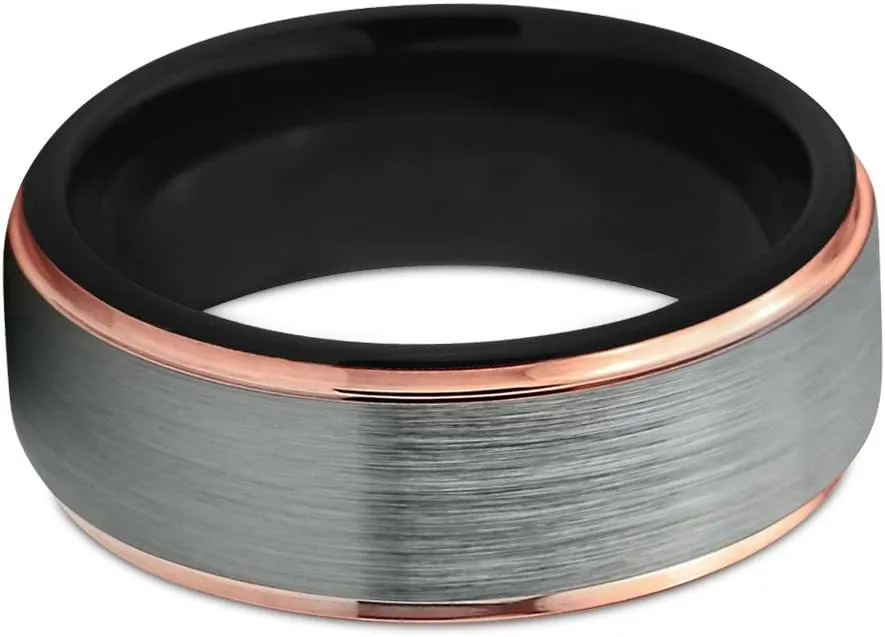 Tungsten Wedding Band Ring 6mm for Men Women Black Rose Yellow Gold Plated Step Edge Brushed Polished