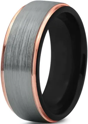 Tungsten Wedding Band Ring 6mm for Men Women Black Rose Yellow Gold Plated Step Edge Brushed Polished