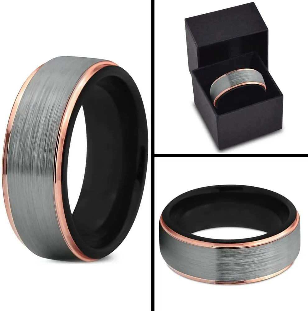 Tungsten Wedding Band Ring 6mm for Men Women Black Rose Yellow Gold Plated Step Edge Brushed Polished
