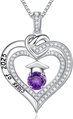 Turandoss Graduation Gifts for Her 2025, S925 Sterling Silver Birthstone Necklace Engraved Class of 2025 Inspirational Graduation Necklaces High School College Graduation Gifts for Her 2025
