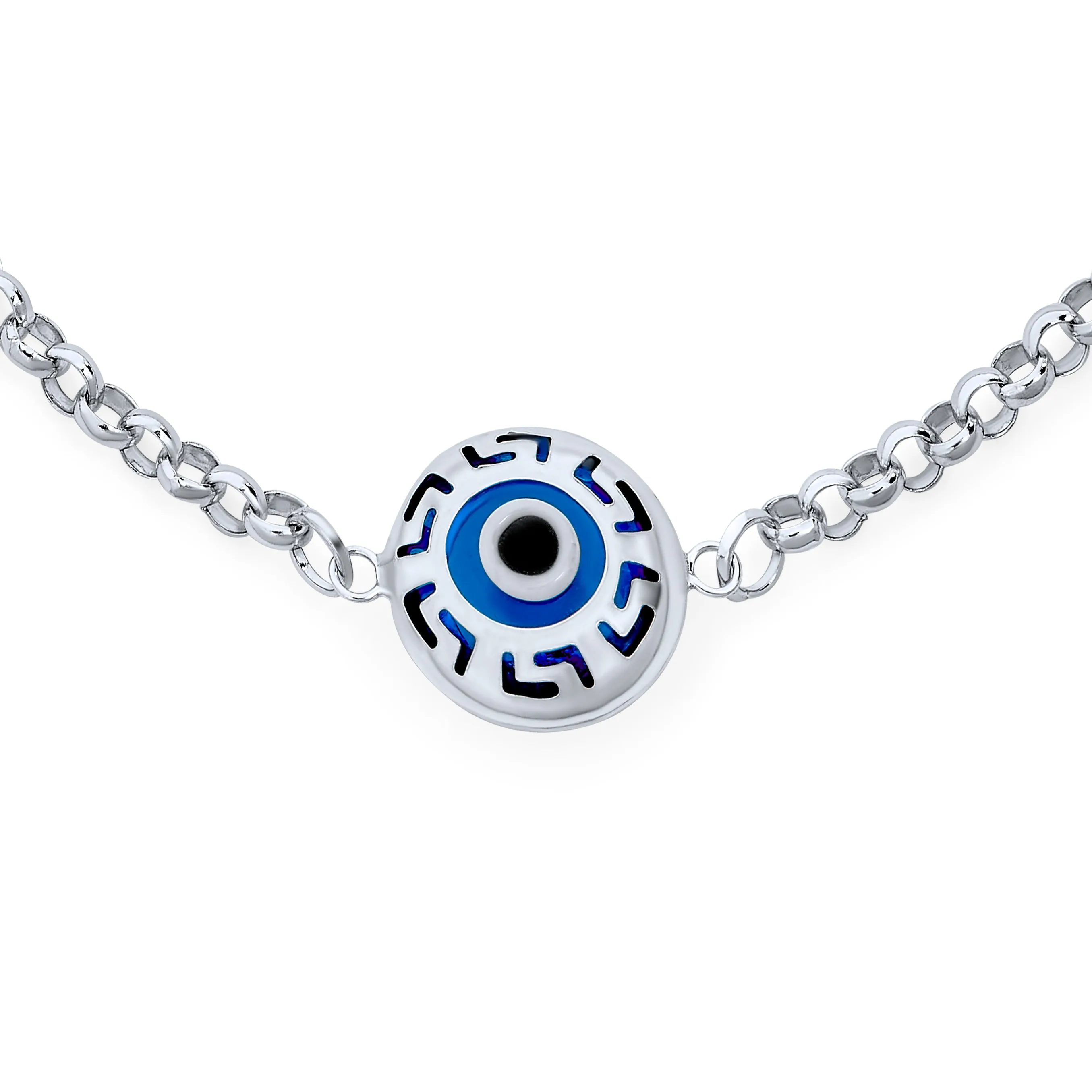Turkish Evil Eye Chain Link Bracelet Greek Motif Sterling Silver 7.5 Inch
