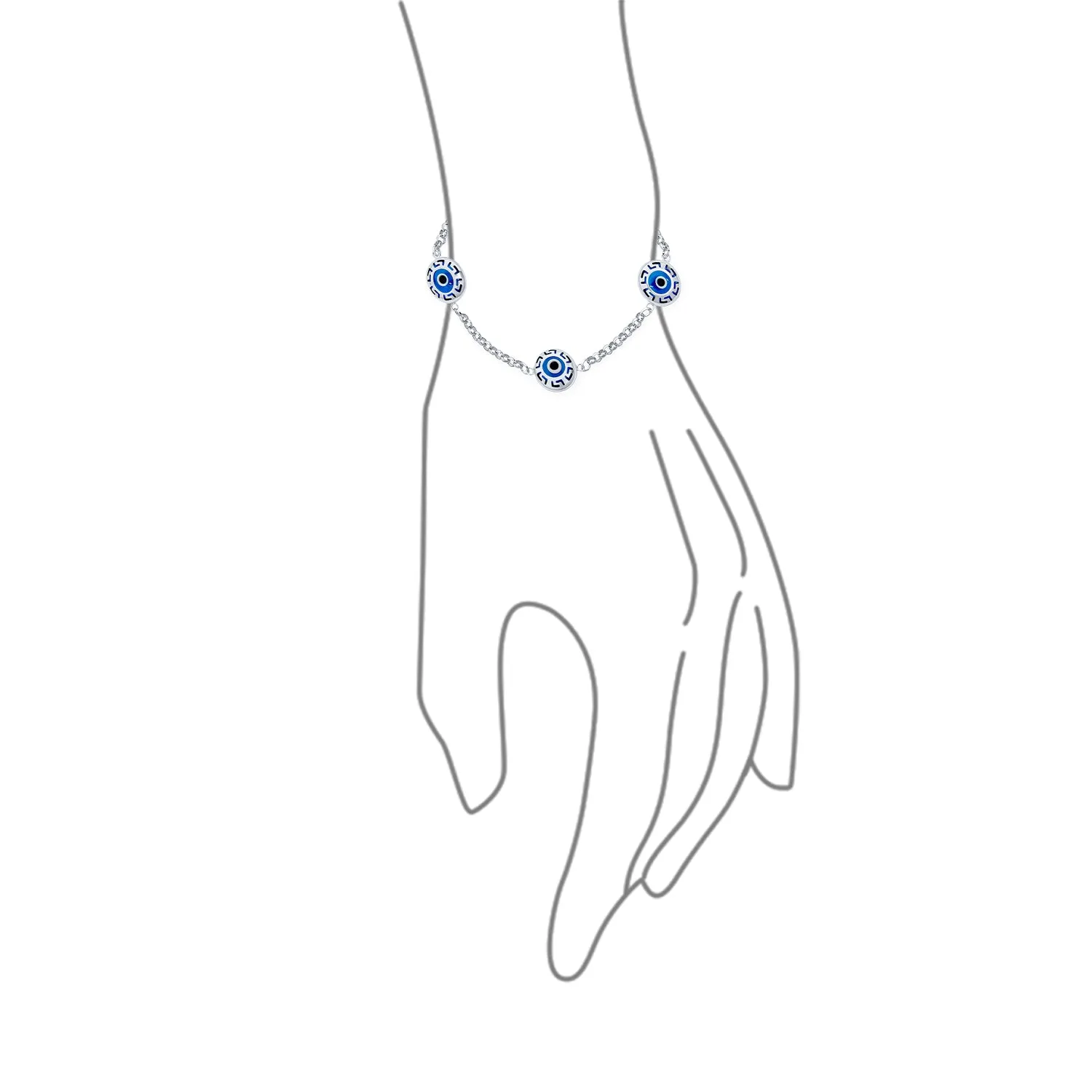 Turkish Evil Eye Chain Link Bracelet Greek Motif Sterling Silver 7.5 Inch