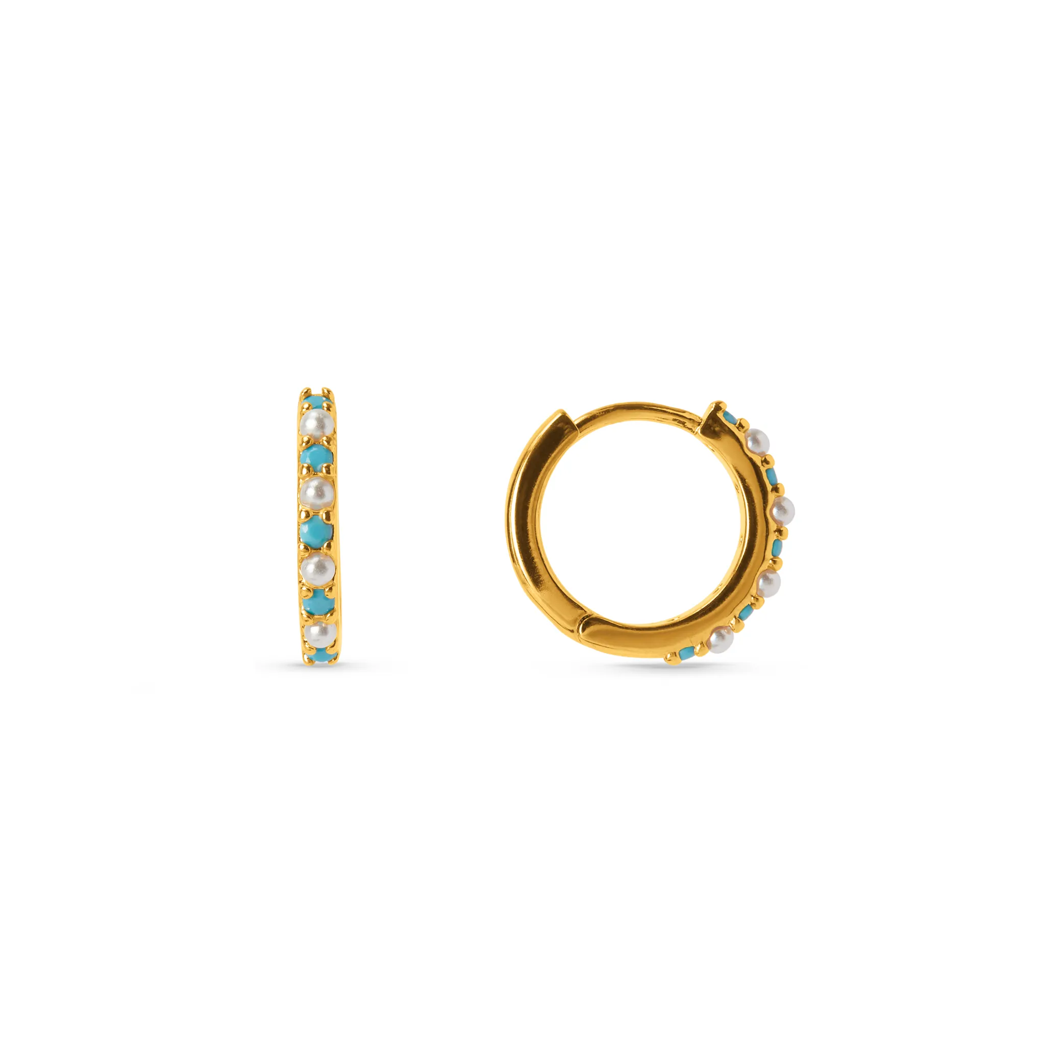 Turquoise & Pearl Fine Huggie Hoop Earrings