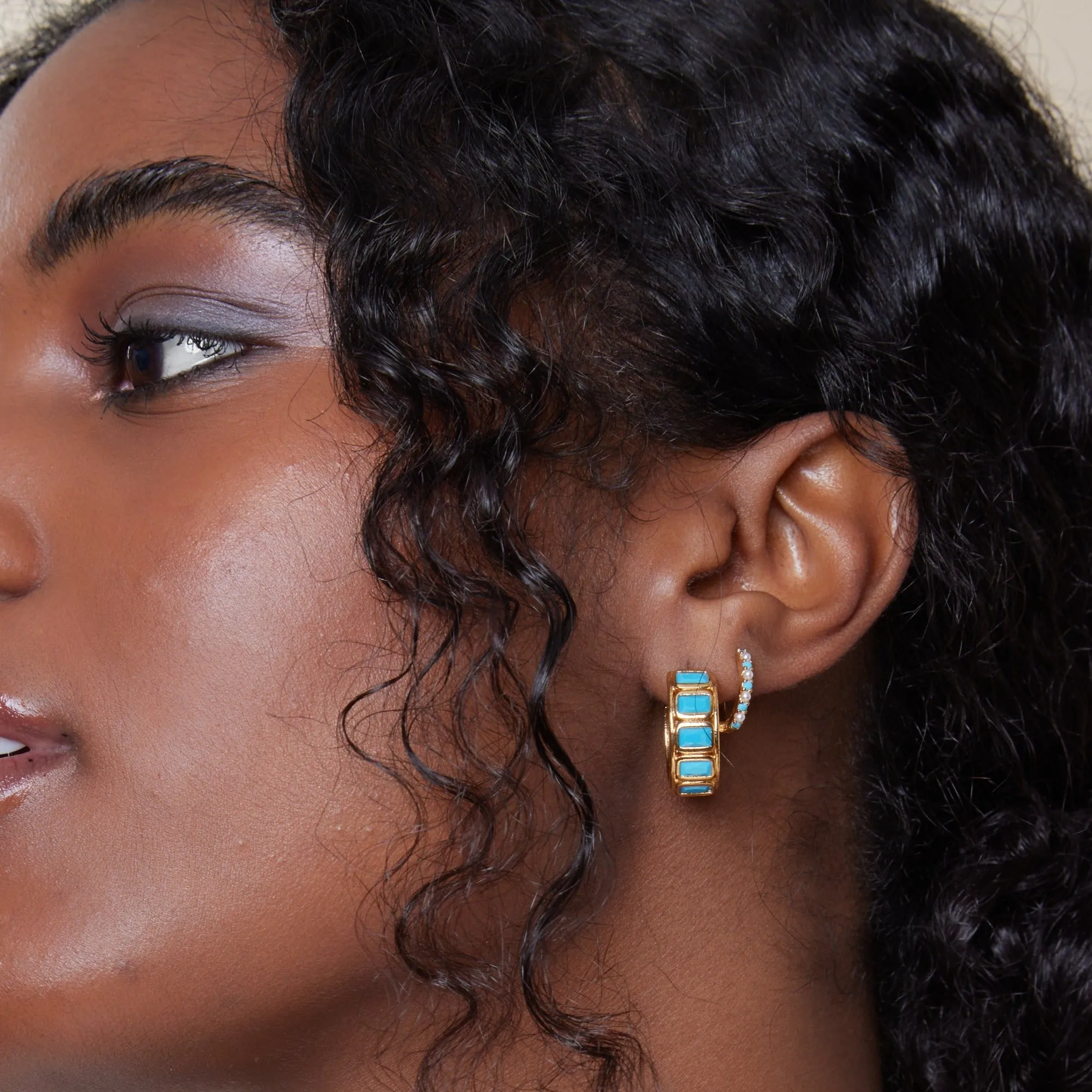 Turquoise & Pearl Fine Huggie Hoop Earrings