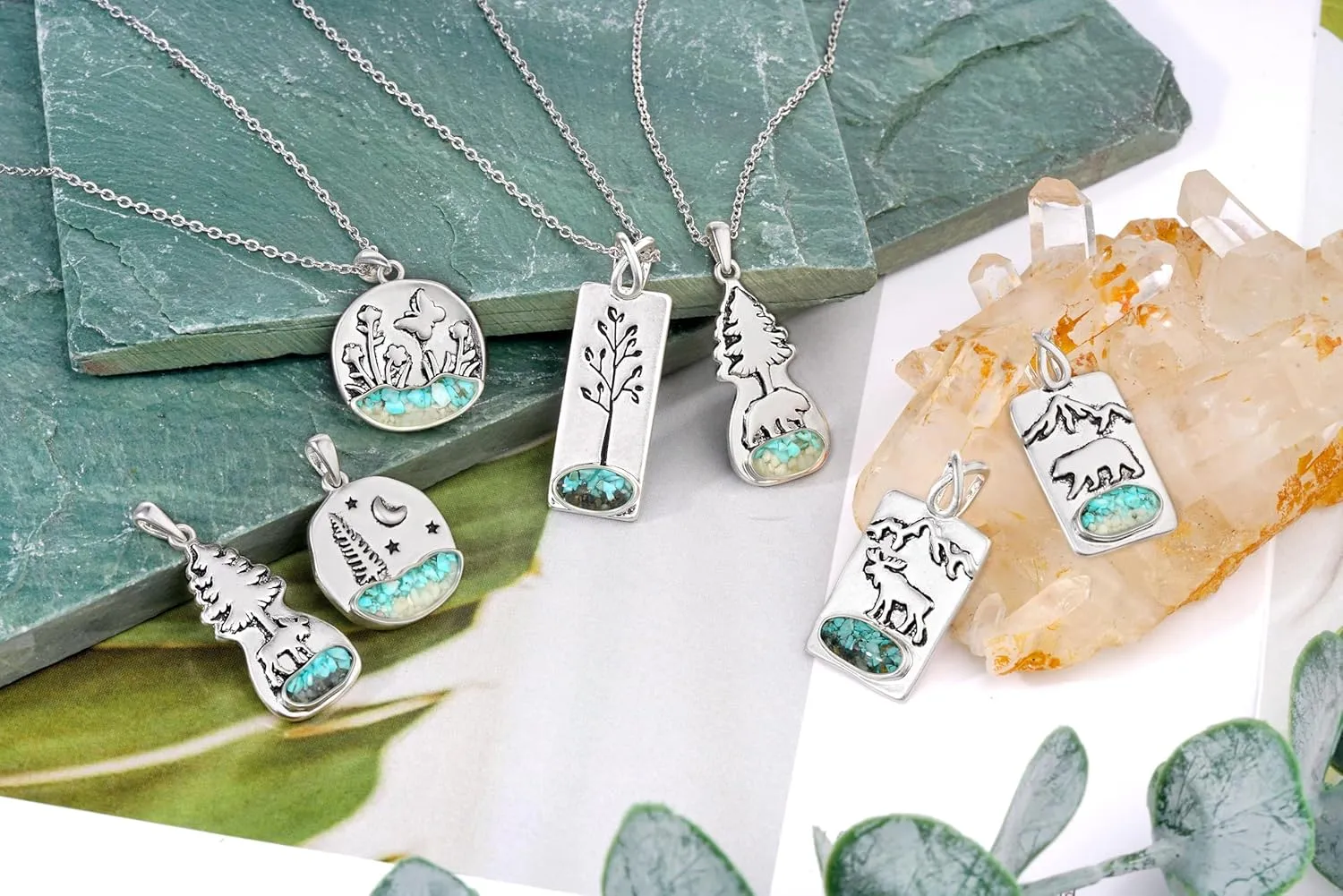 Turquoise Necklace for Women Silver Plated Dainty Cute Pine Tree Mountain Bear Moose Pendant Necklace Vintage Western Turquoise Jewelry for Women Girls Nature Lover Gifts