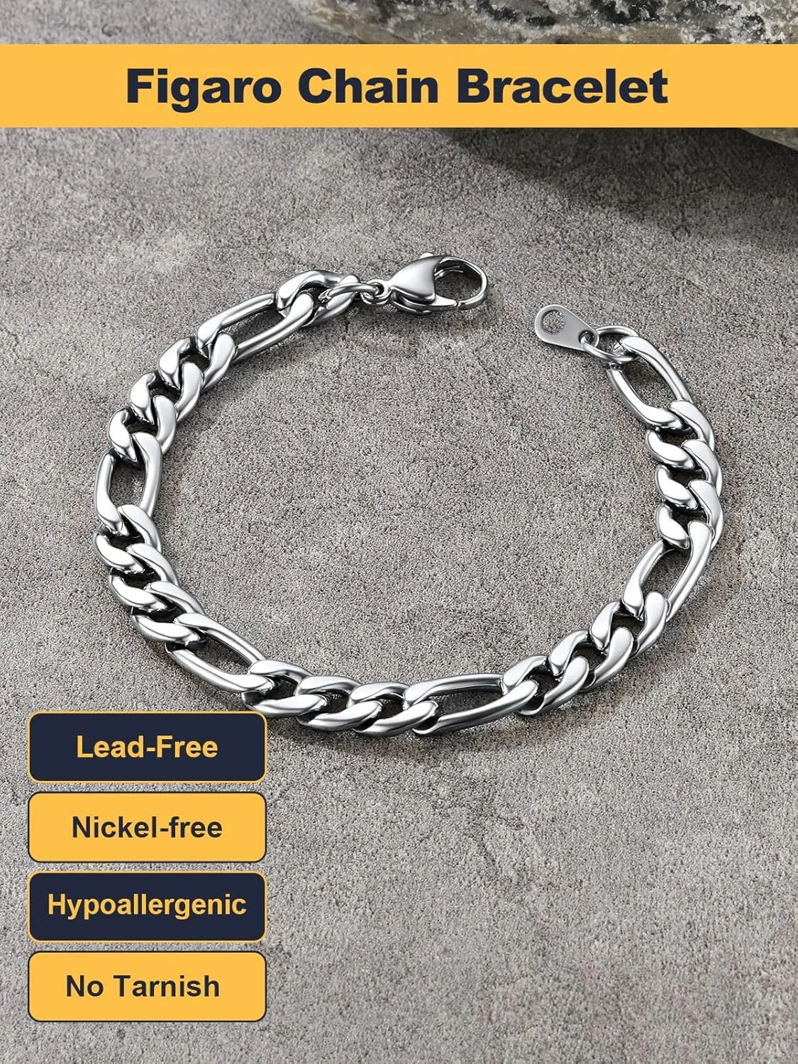 U7 Figaro Bracelet, Stainless Steel Figaro Chain Bracelet, Rope Chain Bracelet Stainless Steel 18K Gold Plated Wrist Chain for Men Women